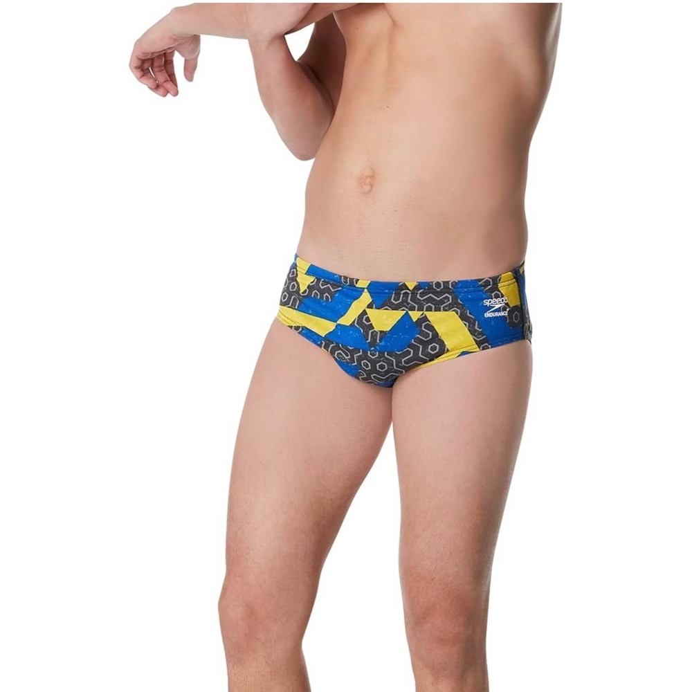 NEW Speedo Swim Briefs Boys 24 Blue Yellow Geometric Endurance+ 7052266